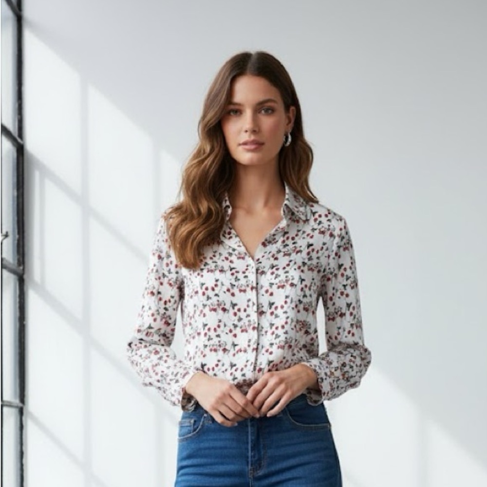 EMANUEL BERG Women’sWhite and Red strawberry Patterned Shirt small